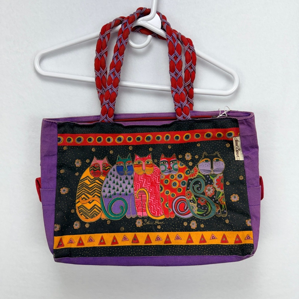 Laurel Burch "Feline Friends" Tote Bag Purple Canvas Artistic Whimsical Boho